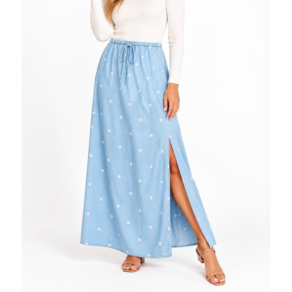 Flag & Anthem Willow Star Print Tencel Maxi Skirt Light Blue Small NWT